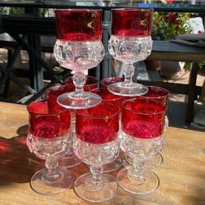 Vintage Tiffin Kings Crown Goblets Cranberry Red Glass Thumbprint Set of 10